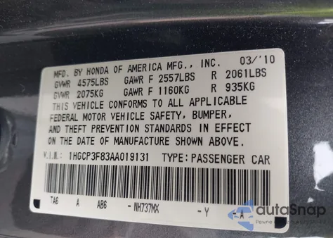 2010 Honda Accord 3.5 Ex-L z USA, uszkodzony, nr VIN 1HGCP3F83AA019131